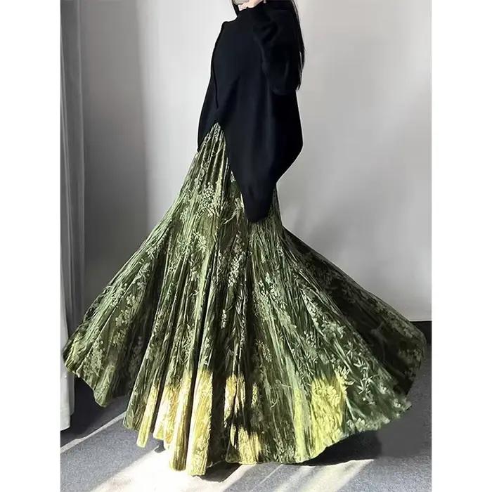 MEXZT Vintage velours jupe longue femmes élégant imprimé noir Maxi jupes hiver Harajuku coréen élastique taille haute une ligne Faldas