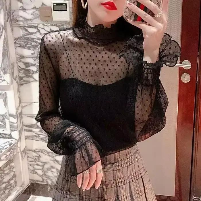 Femmes Sexy à manches longues voir à travers maille T-Shirts Transparent dentelle Blouse hauts