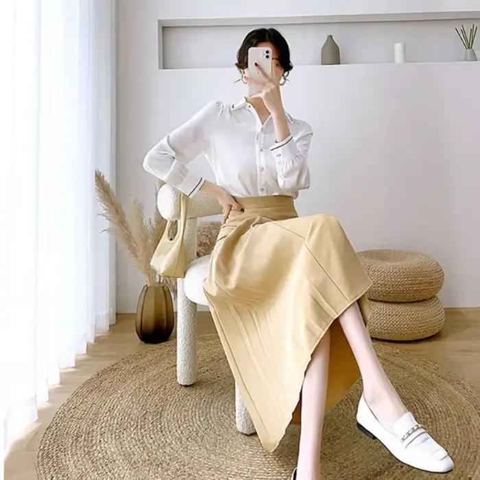 Jupe Mi-longue Femme Style Coréen Bureau Élégante Polyvalente Occasions Spéciales Polyester Coton Acétate Plissé Blanc Noir