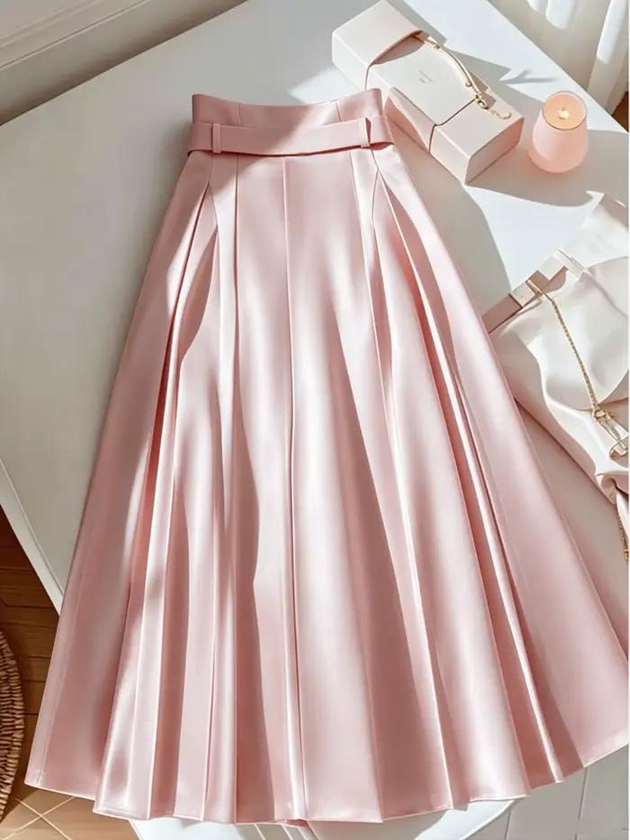 Jupe midi plissée en satin brillant rose poudré, taille haute, ceinturée, coupe trapèze évasée, élégante, pour mariages et réceptions.