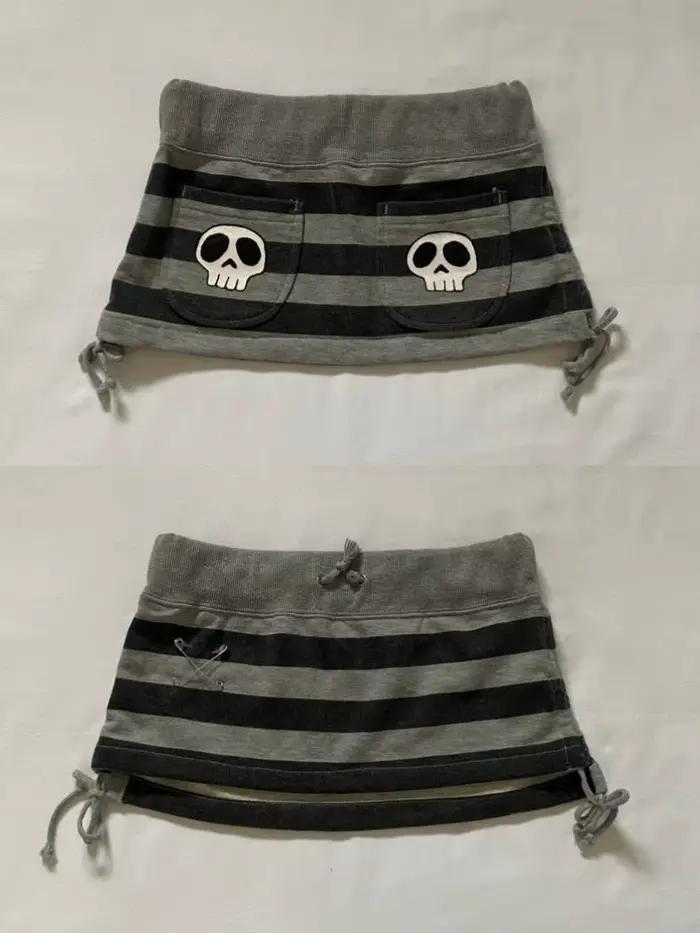 Jupe Courte Gothique Y2K à Rayures Style Rétro Américain Années 2000 pour Femme – Imprimé Crâne Gothique Punk Sexy pour l'Été – Jupes Chic pour Femme