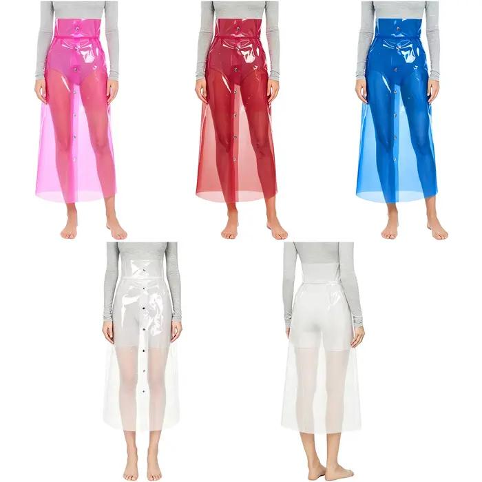 Jupe crayon transparente en PVC pour femme, taille haute, boutonnée, moulante, sexy, mi-longue, pour soirée rave et boîte de nuit