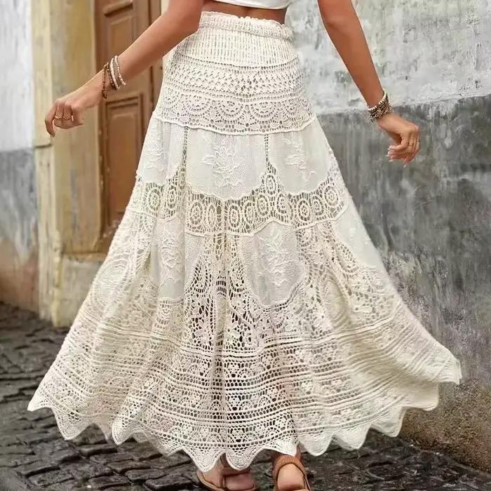 Jupe longue en dentelle crochetée, taille élastique, ajourée et brodée, style bohème, pour la plage, les festivals, tenue d'été bohème pour femme, idéale pour les vacances.