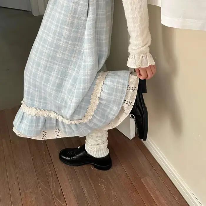 Japonais doux jupe longue femmes automne hiver bleu Plaid Vintage Preppy Patchwork jupes taille haute une ligne ample