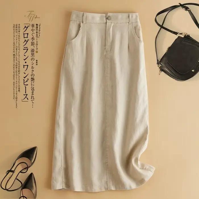Jupe mi-longue Vintage en coton et lin pour femmes