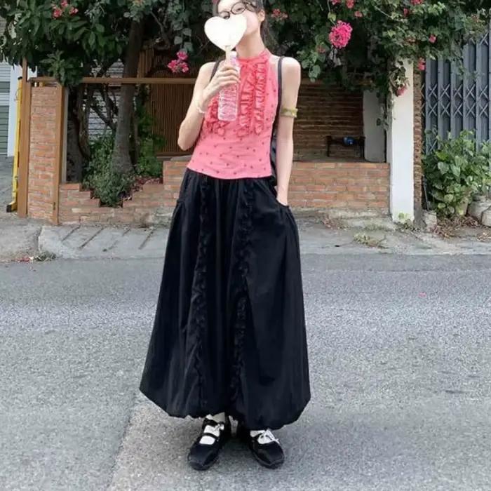 Jupe longue gothique à volants noire Vintage pour femmes