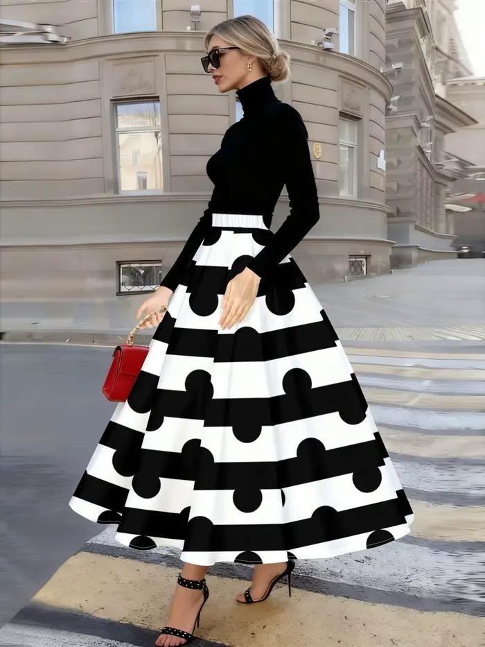 Jupe midi décontractée à pois et rayures noires et blanches pour femme, coupe trapèze, taille haute, idéale pour l'été, le bureau, les soirées et le travail, jupe tendance