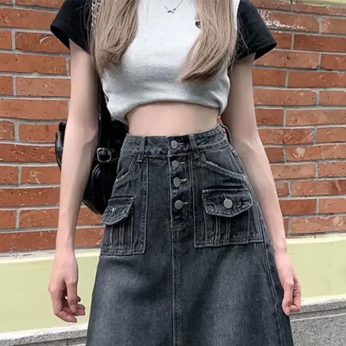Biyaby-Jupe longue en denim à simple boutonnage pour femmes