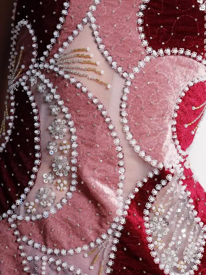 Robes pour femme, robe de cocktail rose bordeaux sans bretelles, robe midi en velours à fleurs abstraites et perles, robes de soirée élégantes