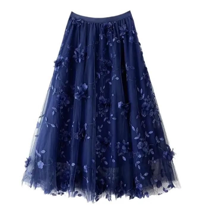 Jupe mi-longue en tulle taille haute brodée de fleurs 3D pour femmes style coréen élégante printemps été nouveau