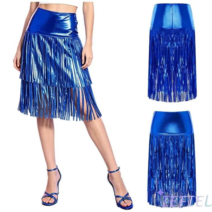 Jupe midi métallique brillante à franges pour femme, taille haute, moulante, style crayon, idéale pour la danse lyrique, le hip-hop et la danse disco