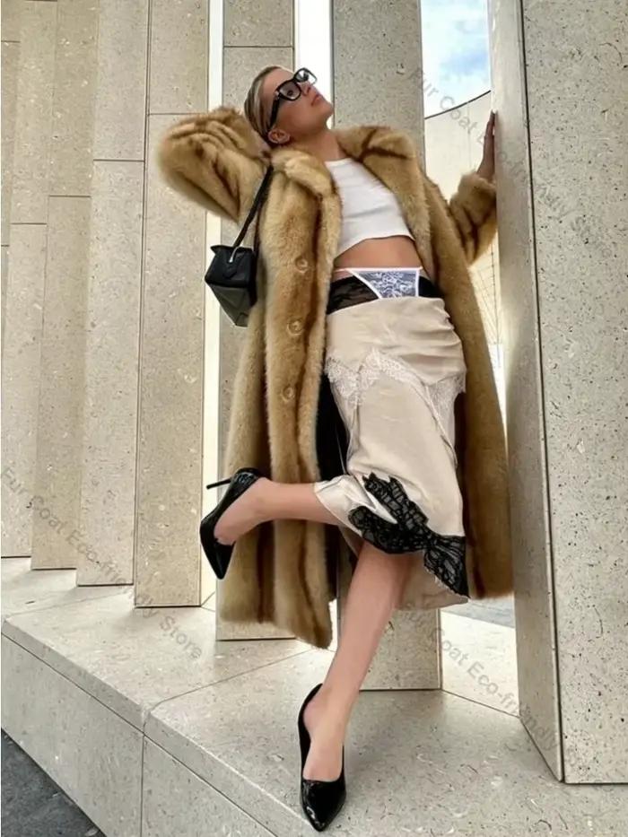 Manteau long en fausse fourrure pour femme, col à revers cranté, ceinturé, épais, nouvelle collection