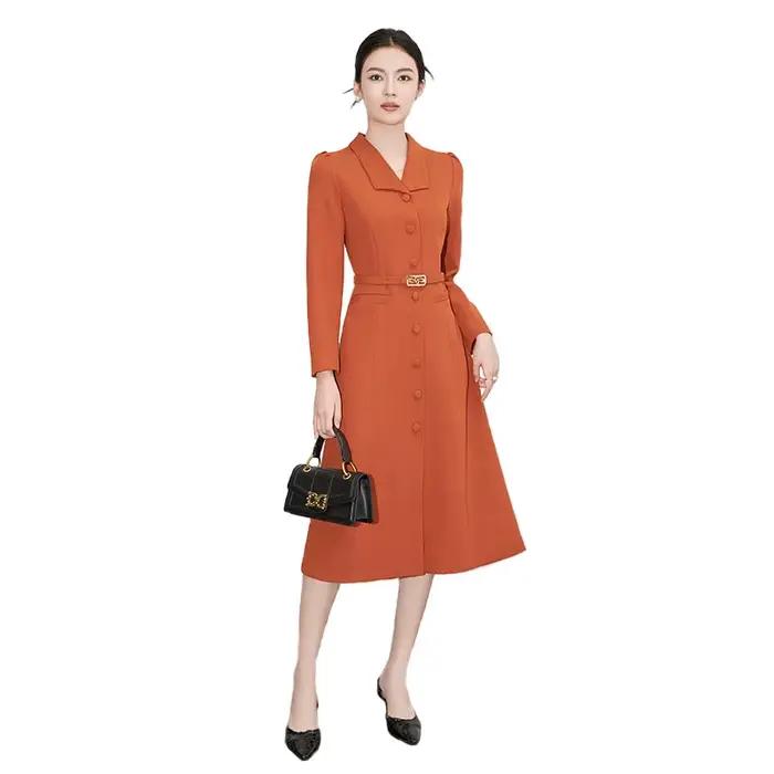 Robe longue à col rabattu pour femme avec ceinture à boutonnage simple