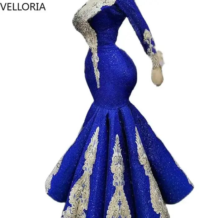 Robe de mariée sirène bleu royal élégante, robe de mariée formelle à manches longues, robe de mariée de luxe à perles lourdes avec traîne personnalisée