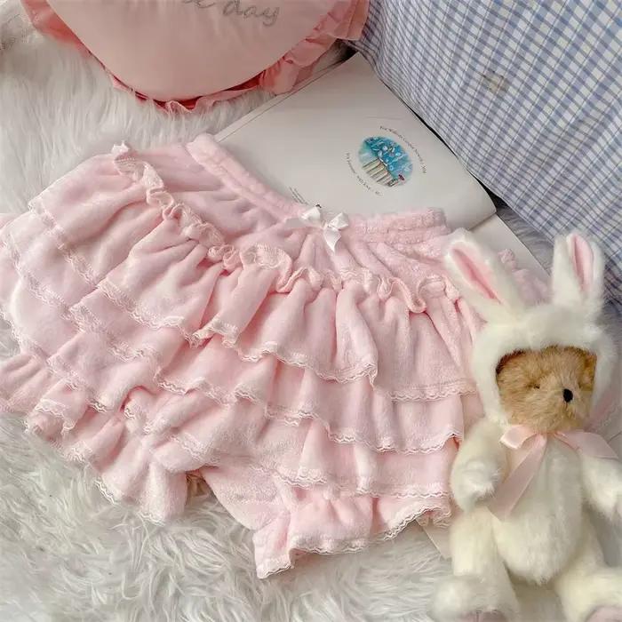 Nouveau rose japonais Kawaii Lolita jupe femmes nœud laine chaud doux Mini gâteau