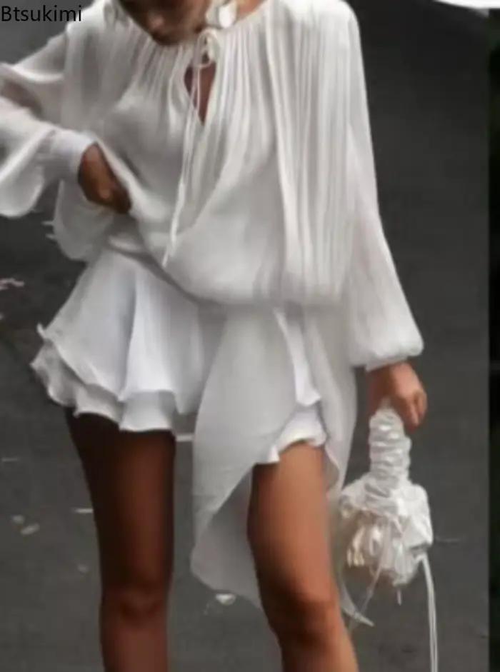 Mini robe à volants pour femmes, col en V, manches longues bouffantes, épissée, à lacets, douce avec Short, mode d'été, robe courte plissée