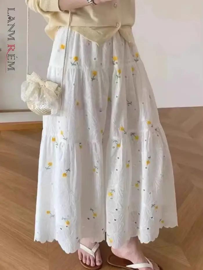 LANMREM brodé dentelle florale jupe Midi pour les femmes 2025 été automne doux a-ligne jupes longues vêtements de sport 2DM1093