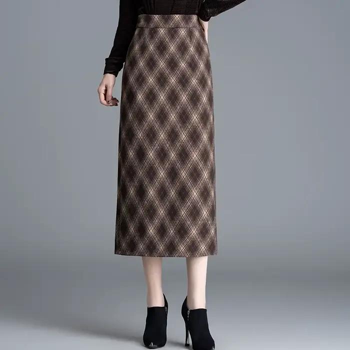 ZUZK automne hiver grille jupe droite pour les femmes nouveau Style élastique taille haute minceur Tube fente une étape