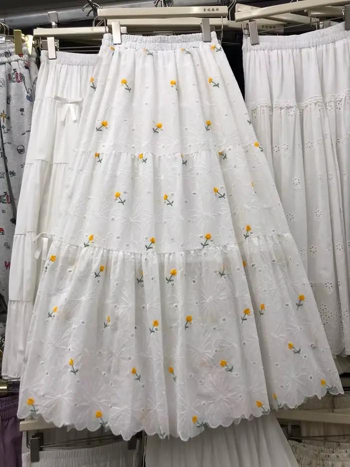 LANMREM brodé dentelle florale jupe Midi pour les femmes 2025 été automne doux a-ligne jupes longues vêtements de sport 2DM1093