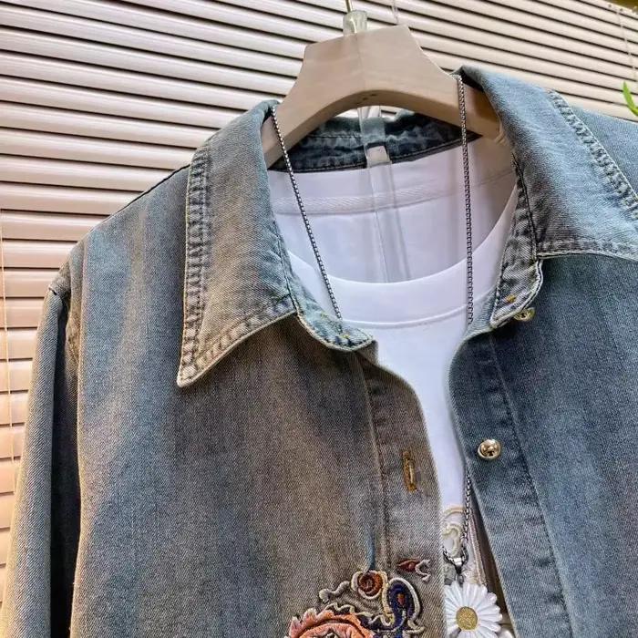 Chemise en jean femme 2025 nouveau printemps été broderie ample à manches longues dames hauts Style rétro mode coréenne femme Blouse