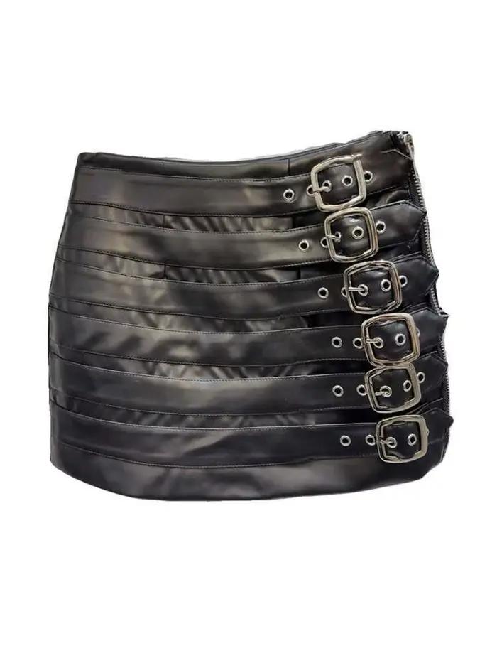 DEAT Mini-jupe tendance pour femme en similicuir PU à ceintures multiples