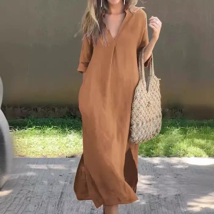 Robe longue en coton et lin à demi-manches pour femmes, robes à col en V profond, poches élégantes, à la mode, décontractées, éducatives