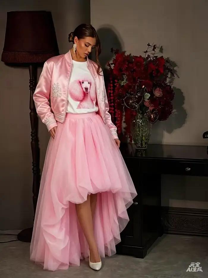 Jupe longue asymétrique rose pâle en tulle multicouche