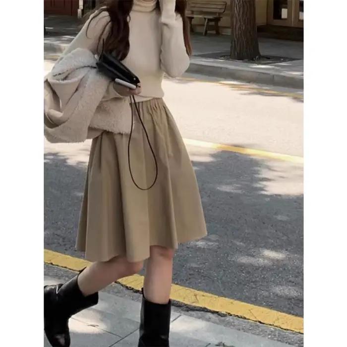 Jupe mi-longue plissée élastique à taille haute pour femme, coupe ample et fluide, style A-line