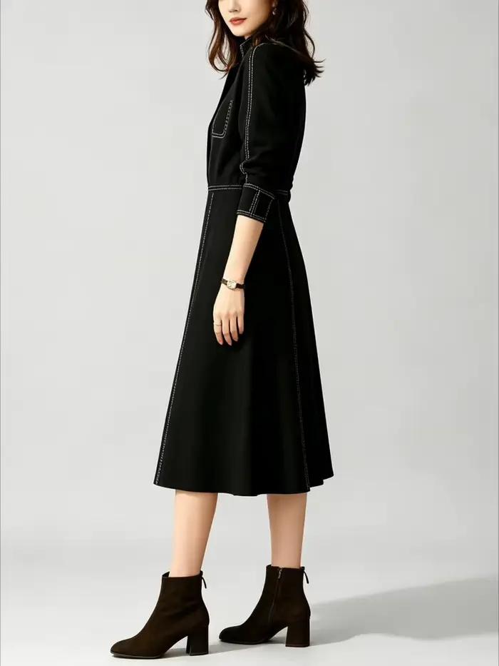 Robe midi noire pour femme 2026 – Robes décontractées élégantes pour femme – Tenues décontractées à col en V et surpiqûres contrastées