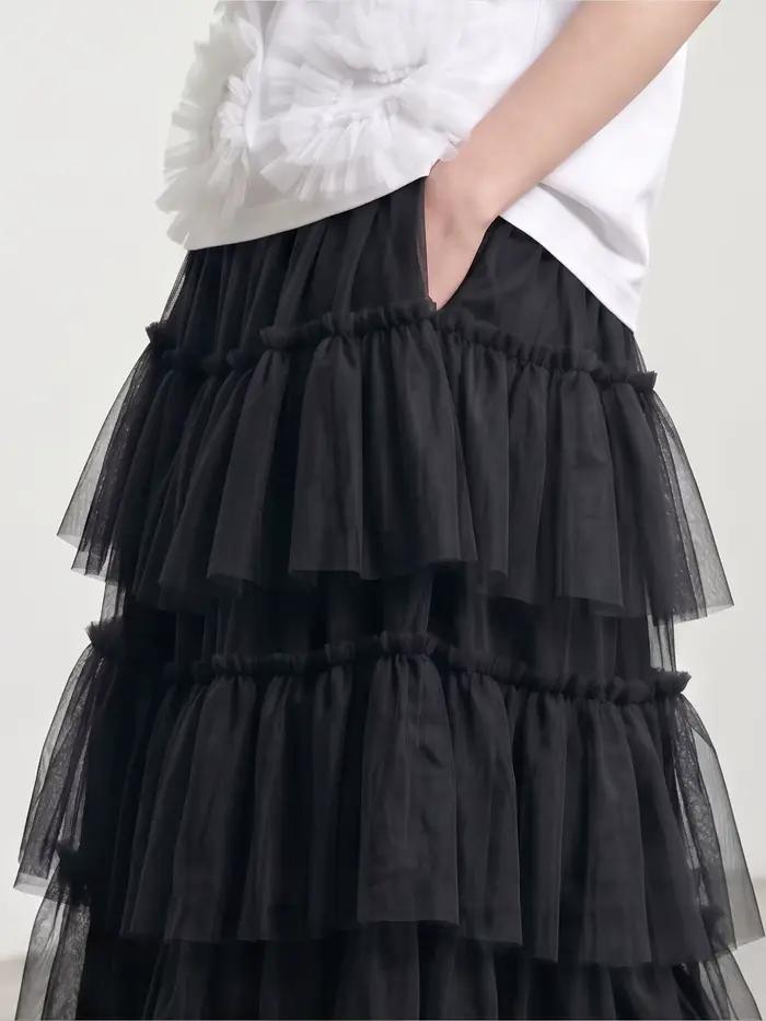 Jupes pour femmes imakokoni, vêtements féminins, style forestier, jupe noire à volants, jupe mi-longue taille haute en forme de A pour le printemps