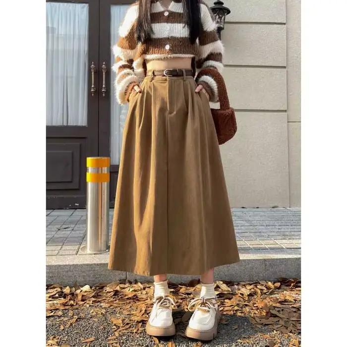 Jupe Vintage Printemps-Été en Velours Côtelé pour Femme