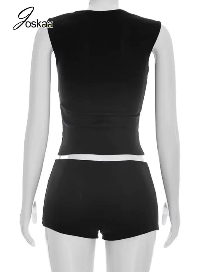 Ensemble décontracté côtelé 2 pièces Joskaa pour femme – Nouveauté été 2026 – Débardeur sexy ajouré + short assorti – Tenue de plage et streetwear