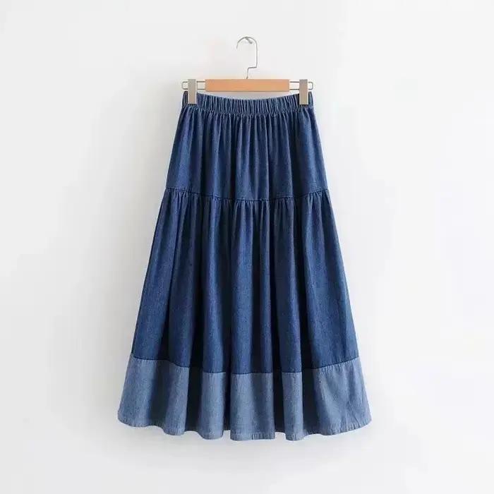 Jupe en jean bleu femmes taille haute jupes longues à plusieurs niveaux Denim élastique tenue décontractée