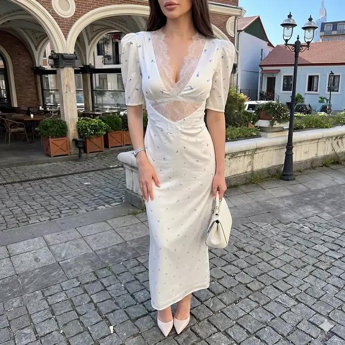 TARUXY Sexy robe en dentelle creuse mode femme à manches courtes élégant taille haute mince