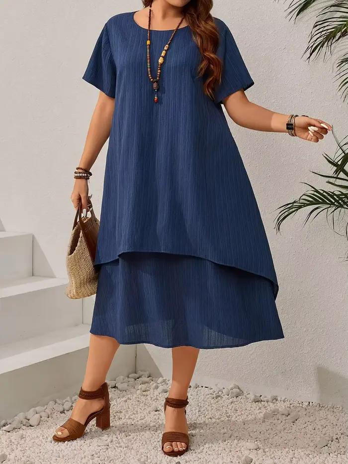 Robe ample bleu marine d'été pour femmes grandes tailles - Jupe midi irrégulière flatteuse pour les femmes rondes, élégante et décontractée, style A
