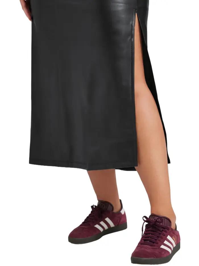 Femmes grande taille élégante jupe en simili cuir taille élastique maxi jupe en polyuréthane fente latérale automne hiver jupe droite pour le travail bureau occassions formelles