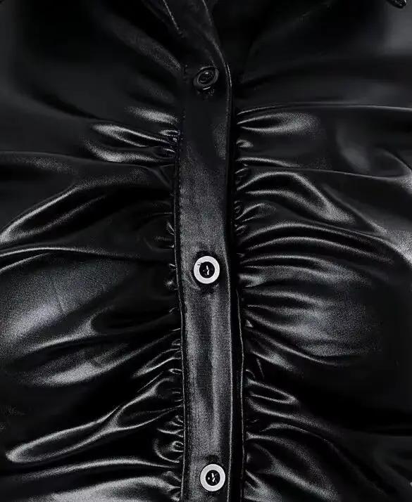 Chemise boutonnée sur le devant en simili cuir pour femme avec col à revers froncé Haut à manches longues élégant et confortable