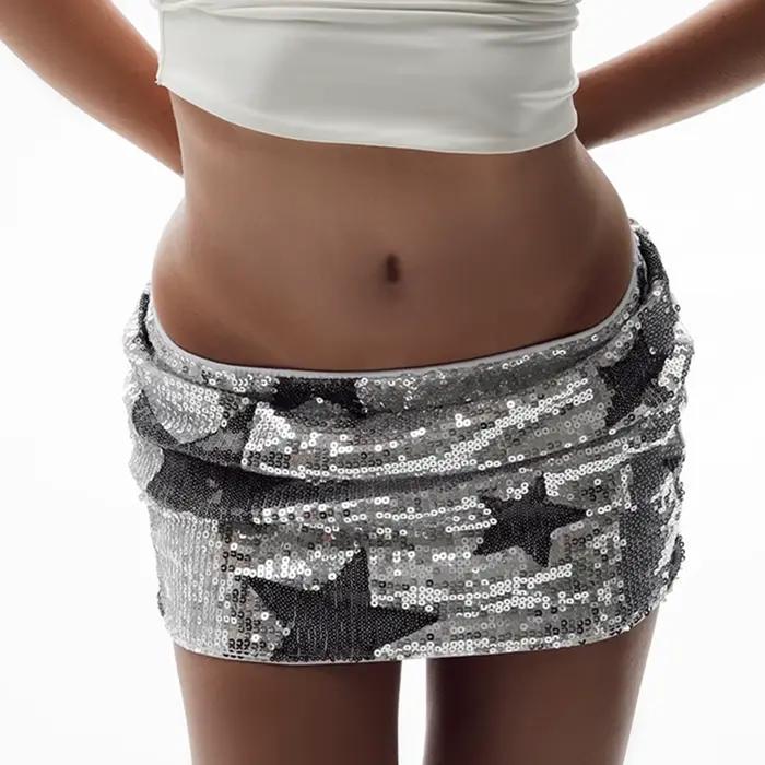 SUCHCUTE Argent Sexy Fête Paillettes Mini Jupe pour Femmes Plage Soirée Date Resort Taille Basse