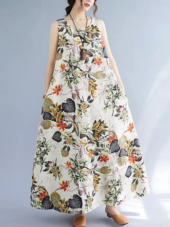 Robe longue décontractée maxi sans manches en coton et lin