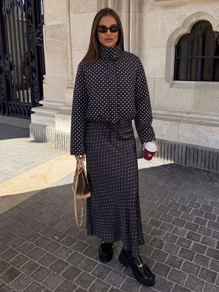 Ensemble jupe et manteau vintage noir à pois pour femme HH – Veste à col roulé à manches longues