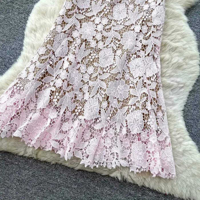Robe longue rose pour femme avec col à revers