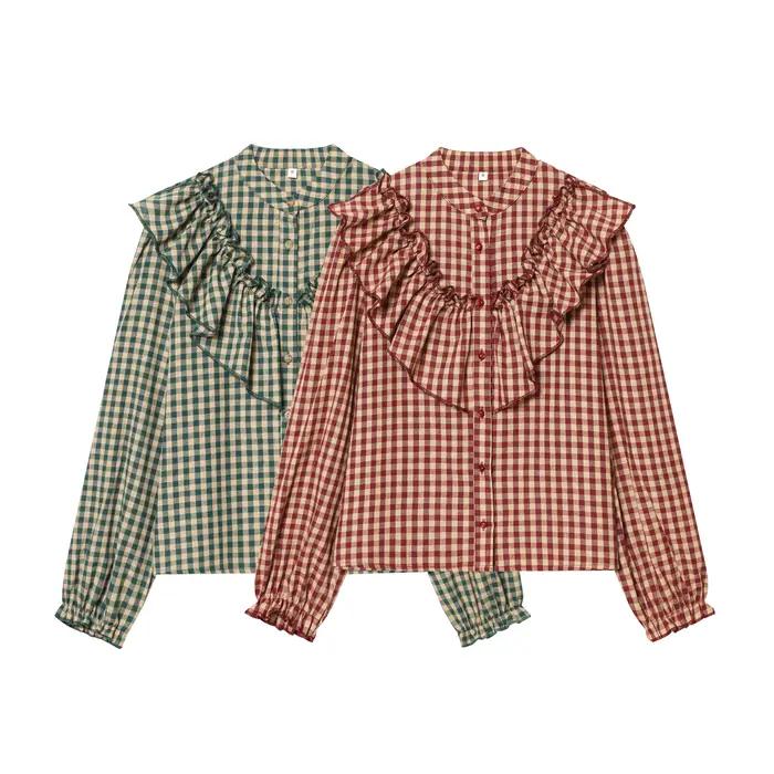 Chemises à carreaux pour femmes, nouvelle collection printemps-automne, chemisier à volants décoratifs, col rond, manches longues, chemises décontractées, chemisiers chics pour femmes