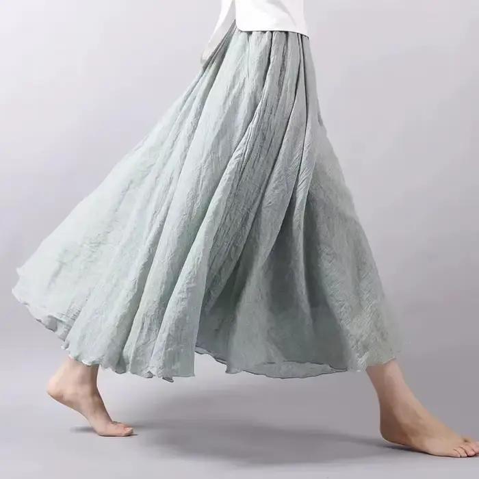 Haute qualité coton lin Maxi jupe femmes décontracté élastique taille
