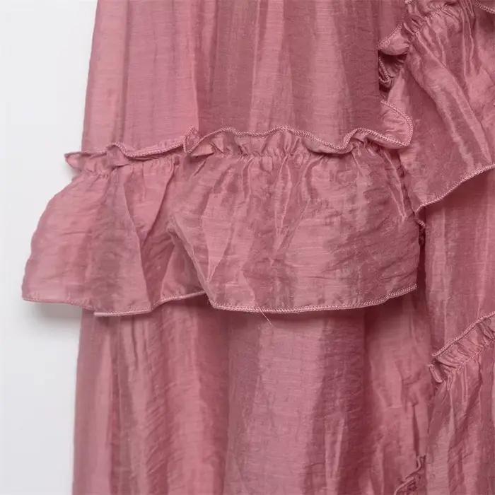 Jupe longue rose à volants superposés pour femme