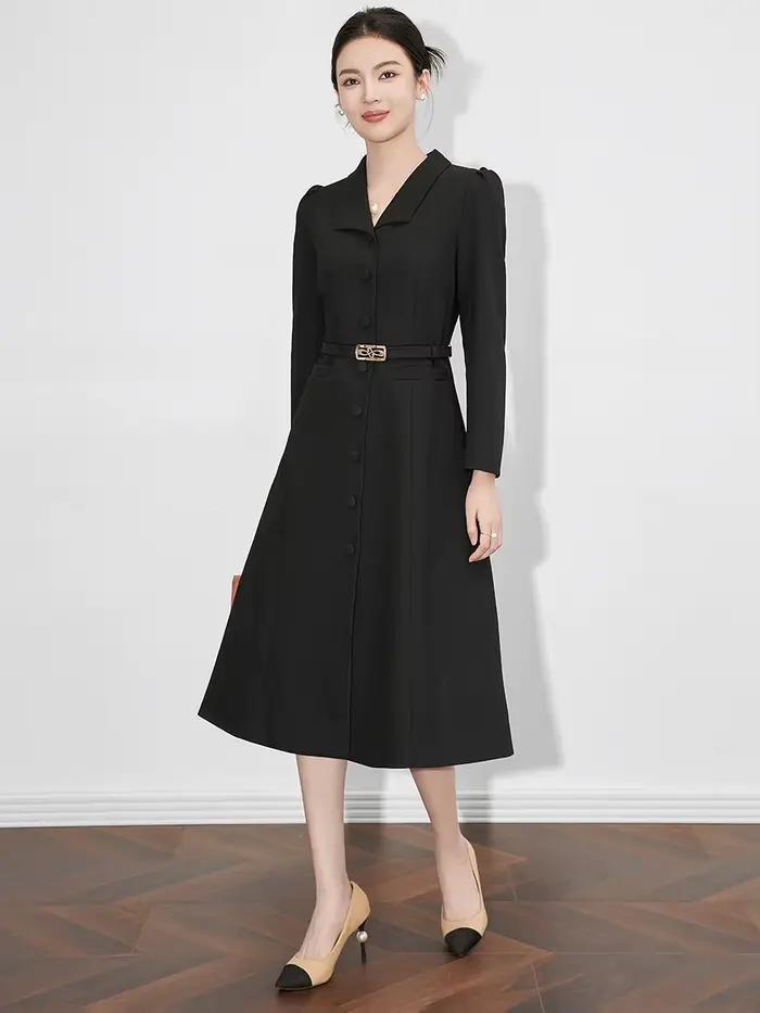 Robe longue à col rabattu pour femme avec ceinture à boutonnage simple