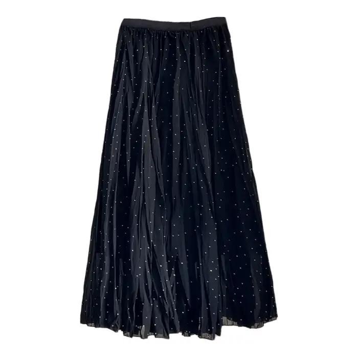 Jupe midi plissée en mousseline de soie avec strass pour femme