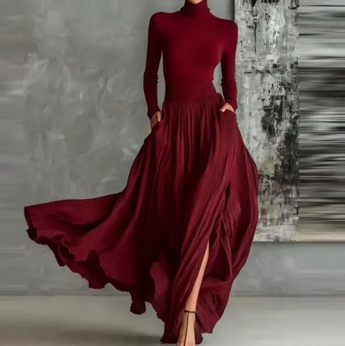 France élégant deux pièces jupe ensemble pour femmes poches solide minimaliste ourlet fendu plissé une ligne Vintage col roulé mince costumes