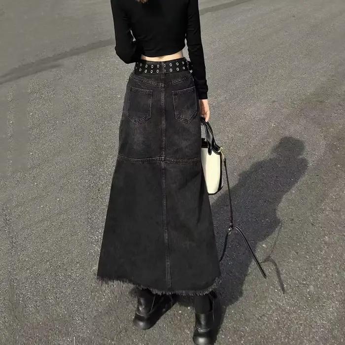 Jupe en jean taille haute noire Goghvinci pour femmes style rétro ajustement loose四季高vinci女士高腰牛仔裙黑色复古宽松版
