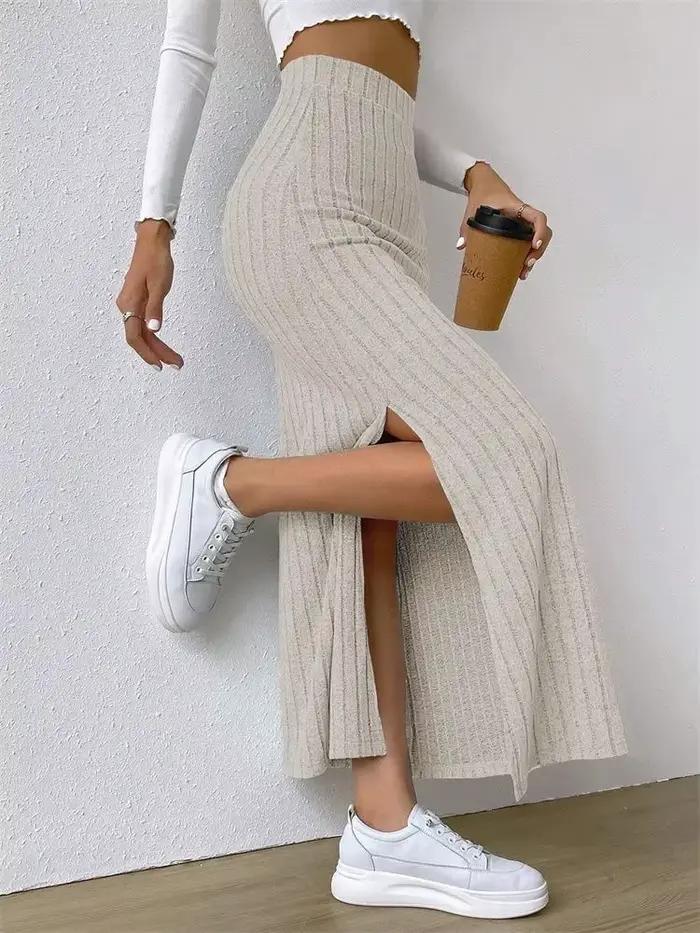 Femmes côtelé côté fendu Maxi jupe automne printemps décontracté élégant taille haute