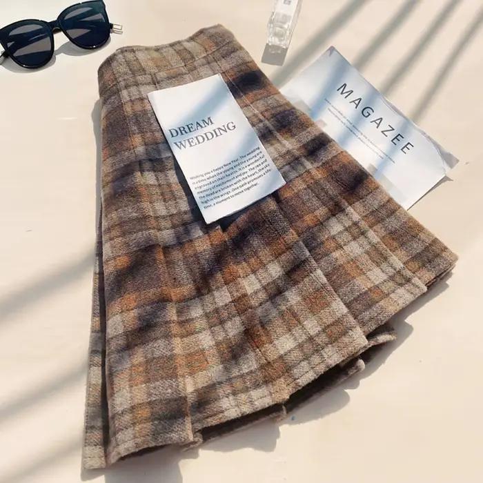 Jupe plissée en mélange de laine à carreaux pour femmes automne hiver taille haute